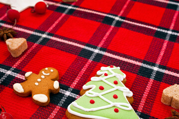Christmas greeting card. Gingerbread man, fir shaped cookie and red berries on a red tartan background. Text space.