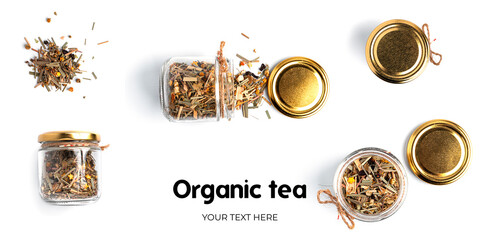 Organic tea in jar on white background. Long header banner format. Panorama website header banner....