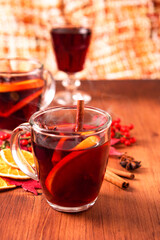 German tradition winter Christmas market new year holidays festival drink Gluhwein Mulled sweet hot warm red Wine with spices citrus aromatic cinnamon star anise 