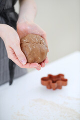 ginger cookies making recipe. step by step processing of cooking gingerbread christmas. woman in apron cooking