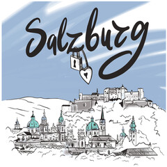 Fototapeta premium Salzburg Fortress sketch. Salzburg hand drawn illustration isolated on white background. Vector illustration eps10.Hand drawn illustration for cards, posters, stickers and professional design.
