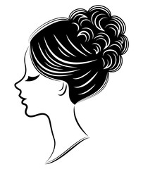 Silhouette of a profile of a sweet lady's head. The girl shows a female hairstyle on medium and long hair. Suitable for logo, advertising. Vector illustration.