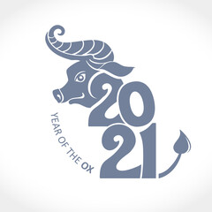 Year of the metal Ox in Chinese calendar. Vector template for New Year's design in flat style. Illustration of 2021 year of the Ox.