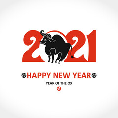 Year of the Ox in Chinese calendar. Card for Chinese New Year. Vector template for New Year's design in flat style. Illustration of 2021 year of the Ox.