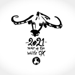 Naklejka premium Year of the white Ox in Chinese zodiac. Black ink brush calligraphy symbol of the year 2021. Vector element for New Year's design in flat style. Illustration of 2021 year of the Ox. 