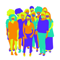 Obraz premium Women group wearing medical masks abstract illustration. Abstract vector illustration of women crowd. Stylish medical mask, women crowd, Freedom, Independence, Equality.