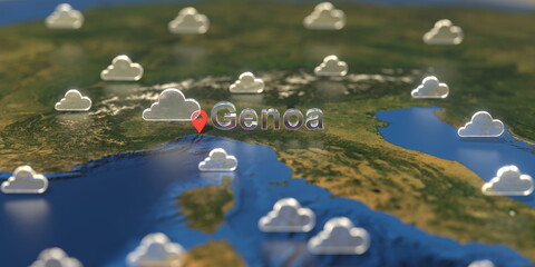 Cloudy weather icons near Genoa city on the map, weather forecast related 3D rendering