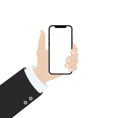 Hand holding Smartphone iPhone 12 Pro Max and Show white screen for Phone your web site design.