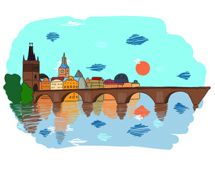 Colored vector illustration, The Charles bridge, Prague