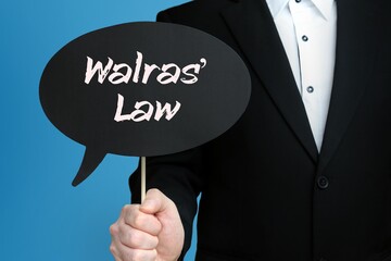 Walras' Law. Businessman holds speech bubble in his hand. Handwritten Word/Text on sign.