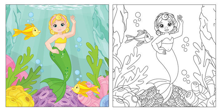 Vector illustration of cute mermaid princess.  Coloring book for children