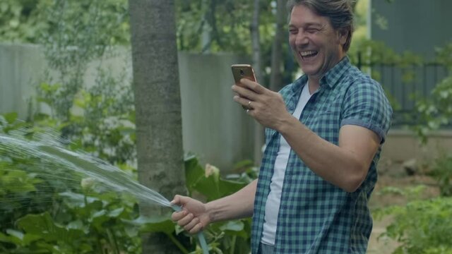 Spraying water on vegetables with a garden hose. A happy man watering the garden from a hose watches funny videos on his phone as he tends to the garden. Concept: gardening and garden care.