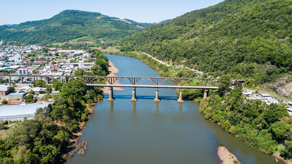 Muçum Bridge - Trigo Railway. Aerial view of the Brochado da Rocha railroad bridge, Taquari river...