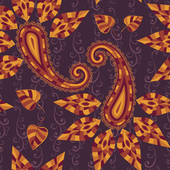 Abstract vintage pattern with decorative flowers, leaves and Paisley pattern in Oriental style.