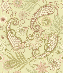 Abstract vintage pattern with decorative flowers, leaves and Paisley pattern in Oriental style.