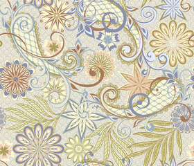 Abstract vintage pattern with decorative flowers, leaves and Paisley pattern in Oriental style.