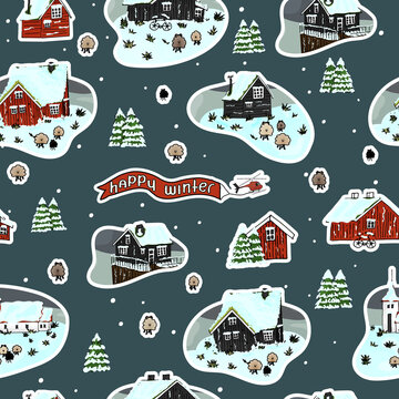 Seamless repeat pattern of snowy wooden scandinavian houses with grass on the roof, christmas trees, sheep, Happy winter text with helicopter