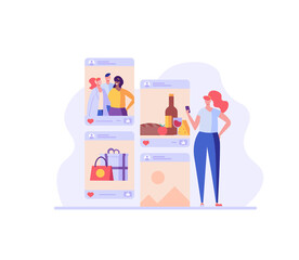 Girl sharing stories with life moments in social network. Successful blogger making post in internet. Social media influencer creating quality content. Vector illustration in flat design for web, app