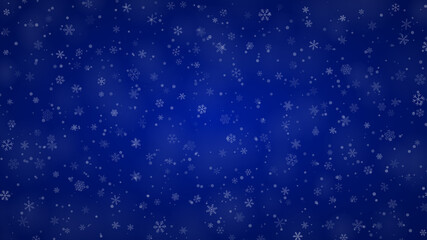 Christmas background of snowflakes of different shapes, sizes and transparency in blue colors