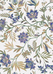 Abstract vintage pattern with decorative flowers, leaves and Paisley pattern in Oriental style. - 390244484