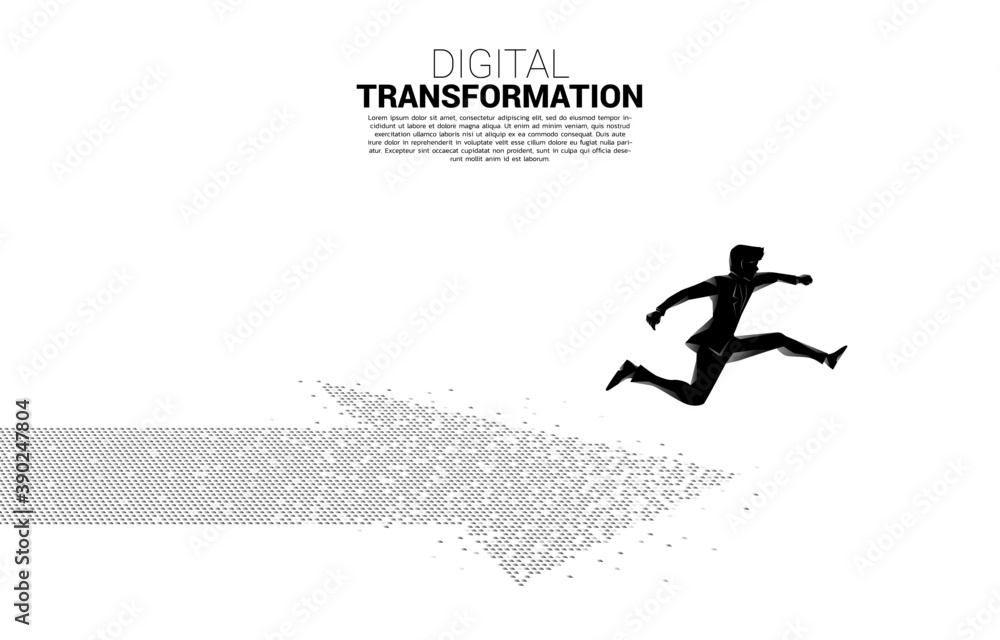 Aufkleber silhouette of businessman jumping on the arrow from pixel. concept of digital transformation of busi