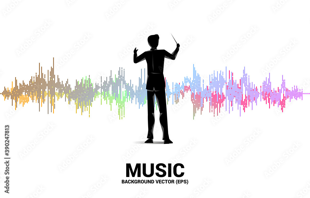 Poster Vector silhouette of conductor standing with sound waves in background . Concept background for orchestra concert and recreation.