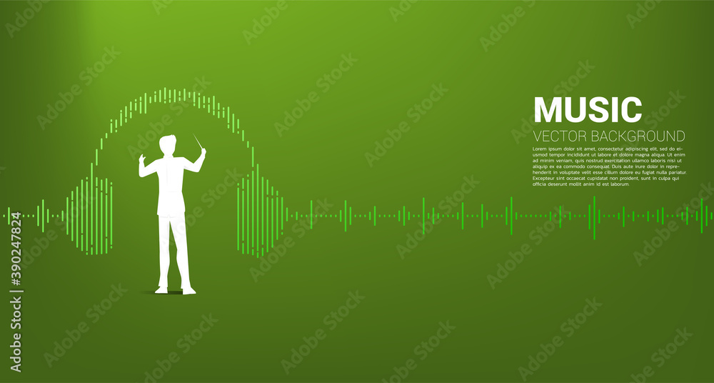 Poster vector silhouette of conductor standing with headphone music equalizer background. concept backgroun