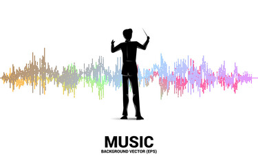 Vector silhouette of conductor standing with sound waves in background . Concept background for orchestra concert and recreation.