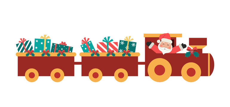Christmas train with gifts. There is also Santa Claus in the picture. Vector illustration on a white background