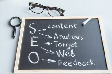 Handwritten text Search engine optimization is done in white chalk on a black Board, next to a magnifying glass and glasses