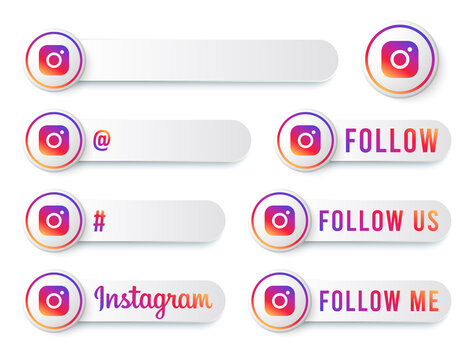 Instagram Buttons Collection with Multicolor Logo. White Social Media Tags Set with Modern Icons, Symbol, Sing, Banner. 3D Round Button Templates with Beautiful Modern Shape.