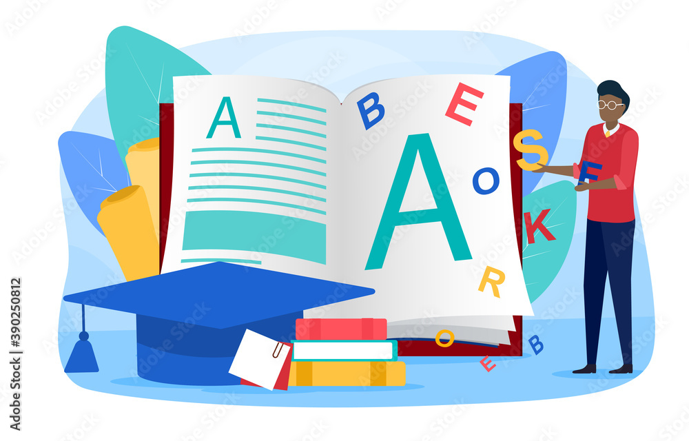 Poster philologist web banner or landing page. professional scientist studying a language structure. philol