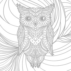 Square pattern with zen owl. Hand drawn abstract background. Black and white illustration