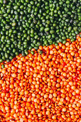 Dry red lentils and green mung, food bright background