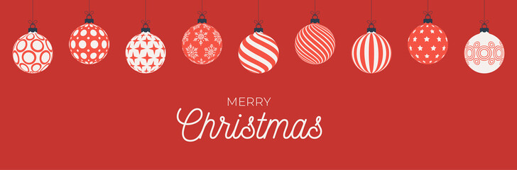 Christmas Card Retro style. Red and white Vector illustration New Year banner with Christmas balls. Decorative bauble in flat cartoon style with greeting lettering