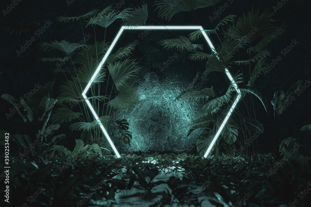 Aufkleber 3d rendering of blue lighten hexagon shape surrounded by jungle trees