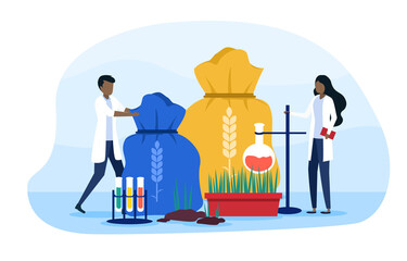 Agronomist web banner or landing page. Scientist making research in agriculture. Idea of farming and cultivation. Organic harvest selection. Flat cartoon vector illustration