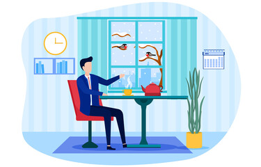 Man sitting at table, drinking coffee or tea and looking out of window. Interior of home apartment. Businessman have coffee break. Snowy weather outdoors in december month. Cartoon vector illustration