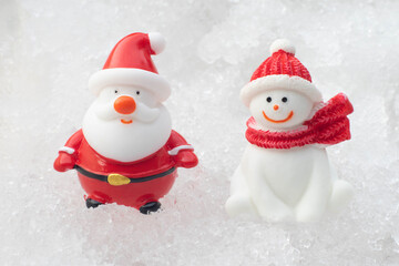Santa claus and snowman on snow happy Christmas and happy new year day