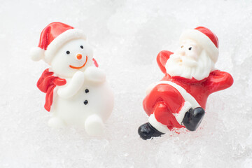Santa claus and snowman on snow happy Christmas and happy new year day