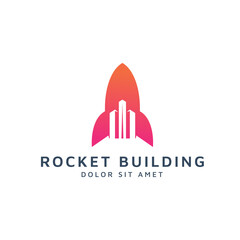 rocket and building negative space logo design