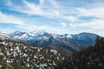 snow covered mountains in Angeles National Forest, on outskirt of Los Angeles
