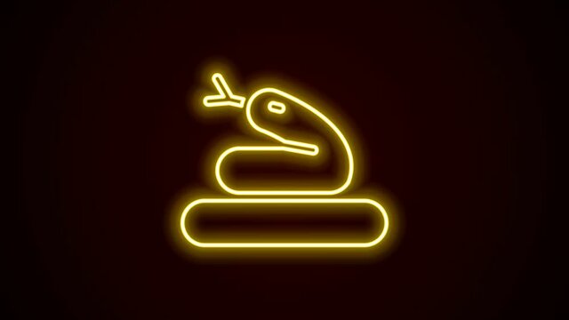 Glowing neon line Snake icon isolated on black background. 4K Video motion graphic animation