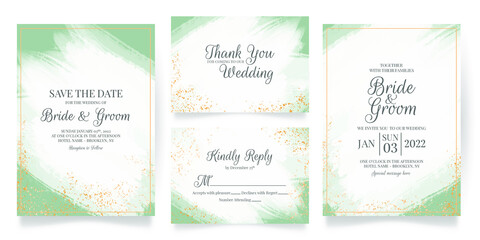 wedding invitation card template set with abstrack watercolor background and tropical leaves