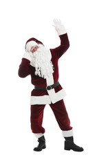 Santa Claus with headphones listening to Christmas music on white background