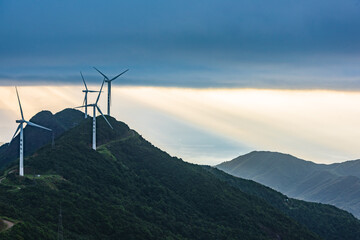 The view of Dingdal and windmills at sunrise at Gia Mountain, Heyuan, Guangdong