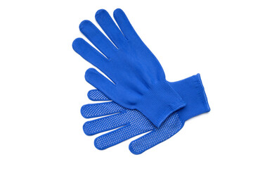 blue textile worker gloves isolated on a white background. above view. studio shot. handyman protective equipment
