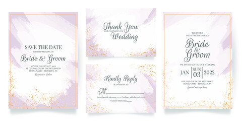 wedding invitation card template set with abstrack watercolor background and tropical leaves