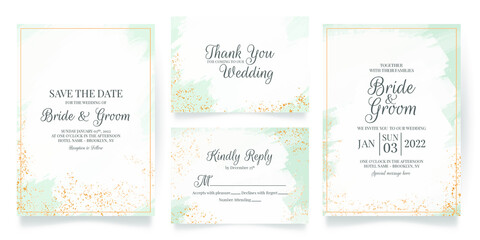 wedding invitation card template set with abstrack watercolor background and tropical leaves