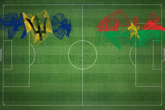 Barbados vs Burkina Faso Soccer Match, national colors, national flags, soccer field, football game, Copy space